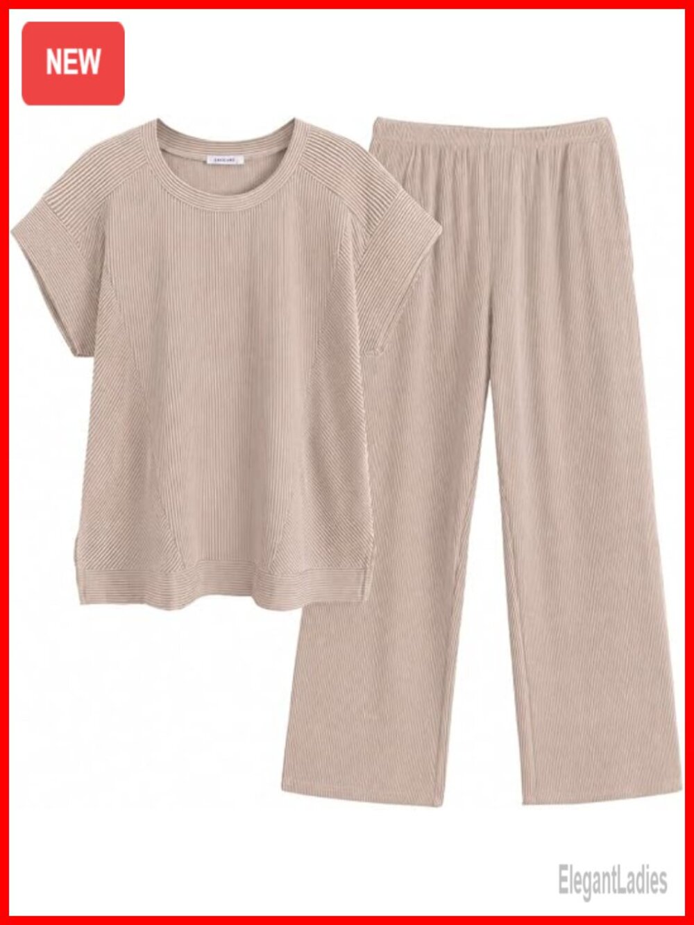 Rib Knit Two Piece Set Short Sleeve Top Wide Leg Pants Tracksuit Lounge Set
